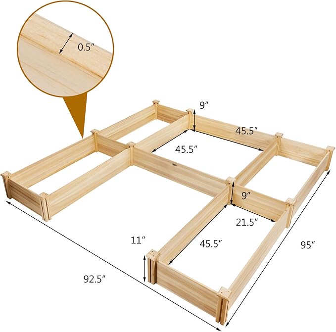 Giantex U-Shaped Raised Garden Bed, Wood Raised Garden Planter Box for Vegetables and Flowers, Easy Assembly, Garden Container for Backyard, Patio, Balcony (92.5" Lx95 Wx11 H)