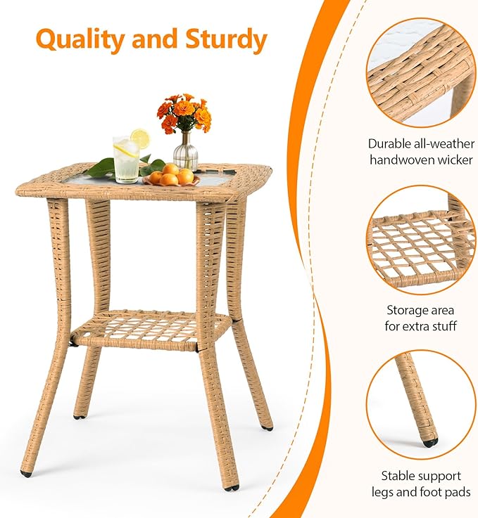 VINGLI Outdoor Side Table with Storage Wicker Patio Side Table, Tempered Glass Top End Table for Balcony Porch Deck (Beige)