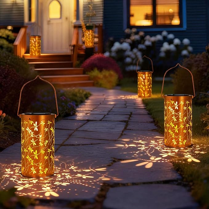 Birthday Gifts for Women Mom Grandma Ladies Solar Lanterns Outdoor Hanging Dragonfly Hollowed-Out Metal Waterproof LED Garden Decor Outside for Patio Yard Porch