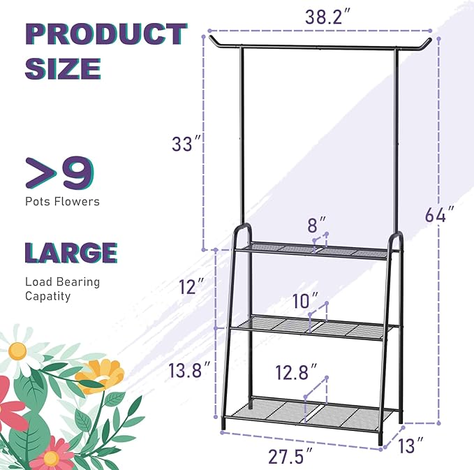 Metal Plant Stand Indoor Outdoor, 3 Tier Tall Corner Plant Shelf, Hanging Flower Ladder for Living Room, Balcony, Garden, Patio (Black)