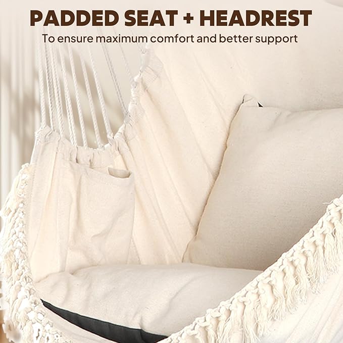 Chihee Hammock Chair 4.9ft x 3.9ft Max 500 Lbs Widen Hanging Swing 2 Cushions Included Metal Spreader Bar with Anti-Slip Grooves Portable Comfy Hanging Chair Side Pocket Bohemian Chair Indoor Outdoor