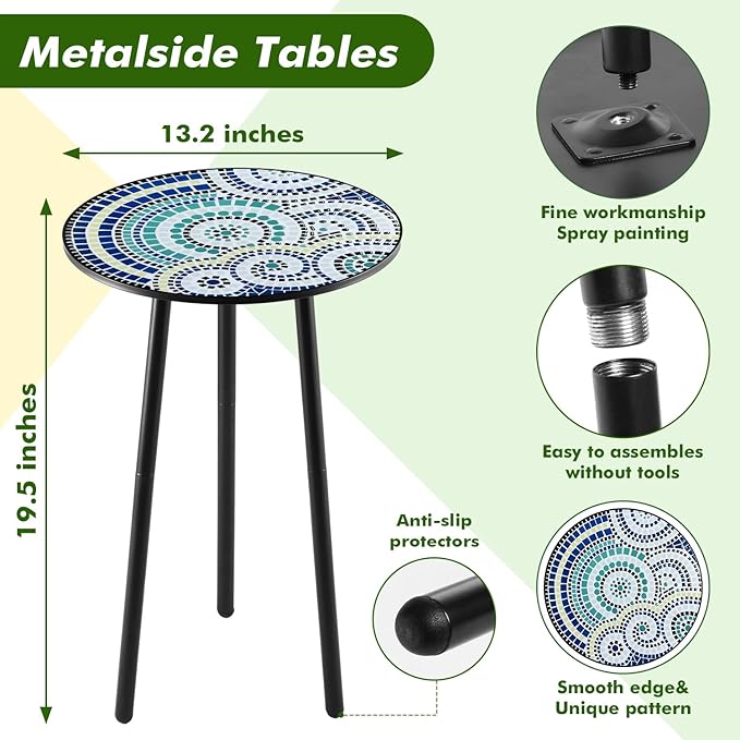 1 Pack Metal Outdoor Side Table Small Outside Round End Table for Patio Modern Accent Garden Corner Table for Small Spaces, Balcony, Porch, Weather-Resistant, Plant Stand Indoor, Round Mosaic
