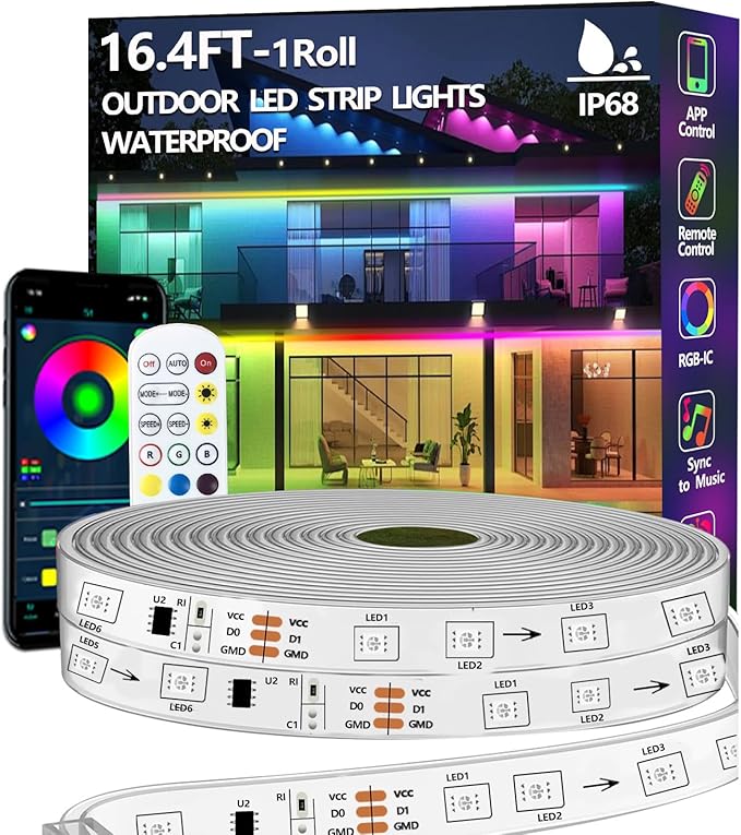 16.4FT Outdoor LED Strip Light Waterproof,IP68 Outside RGB+IC Light Strip with App/Remote Control,Chase Mode,Music Sync Light for Balcony,Deck,Rooftop,Garden,Pool