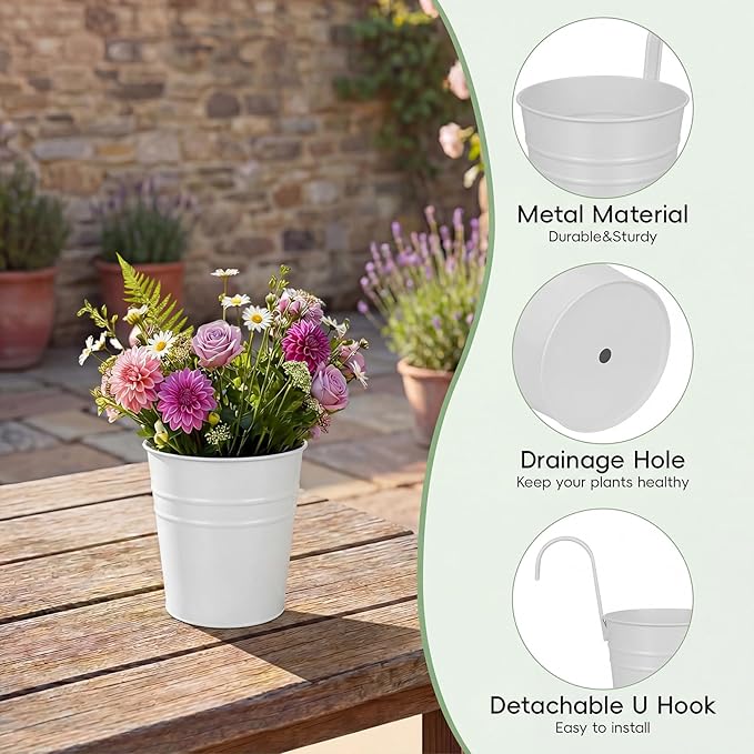 HowRU Hanging Flower Pots, Railing Planter Box for Outdoor Plants 12 Pack 5 Inch Metal Hanging Planters with Detachable Hooks Balcony Window Fence Garden Decoration Flower Boxes, White