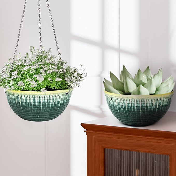 10inch Hanging Planter, 2 Pack Hanging Planters for Indoor and Outdoor Plants, Glazed Hanging Plant Holder with Drainage, Indoor Hanging Flower Pots for Garden Home (Green Glaze)