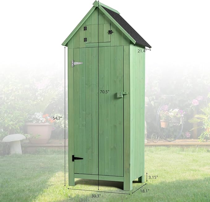 VINGLI Outdoor Wooden Storage Shed, Garden Shed Outside Tool Cabinet with Safety Latch, Patio Storage Organizer (Light Green)
