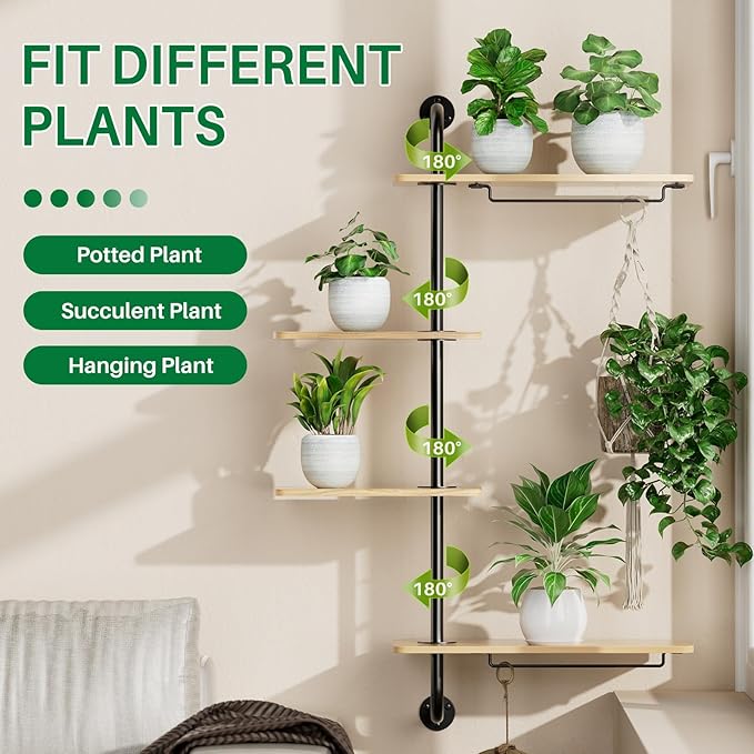 DELLAN 4-Tier Rotating Window Plant Shelf, Wall Mounted Indoor Hanging Plants Shelf, Modern Style
