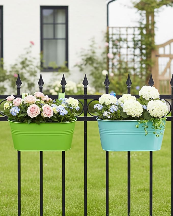 Railing planter box - 3 Pack Metal Hanging Flower Pots with Detachable Hooks & Drainage Holes, Window Oval Bucket Fence Hanging Planters for Outdoor Plants Garden Balcony Home Decor, Green Orange Blue