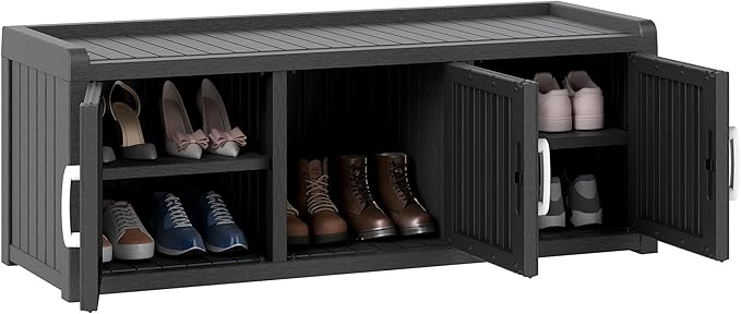 2-Tier Storage Bench, Waterproof UV-Resistant Outdoor Shoe Storage Cabinet with 3 Doors & Adjustable Shelves for Indoor Outdoor Entryway, Hallway, Living Room (Black)