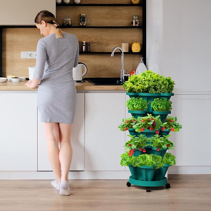 Strawberry Vertical Planters Tower Garden 2 Pack, 7 Tiered Stacking Herb Vegetable Planter with Support Pole Indoor and Outdoor - Hunter Green
