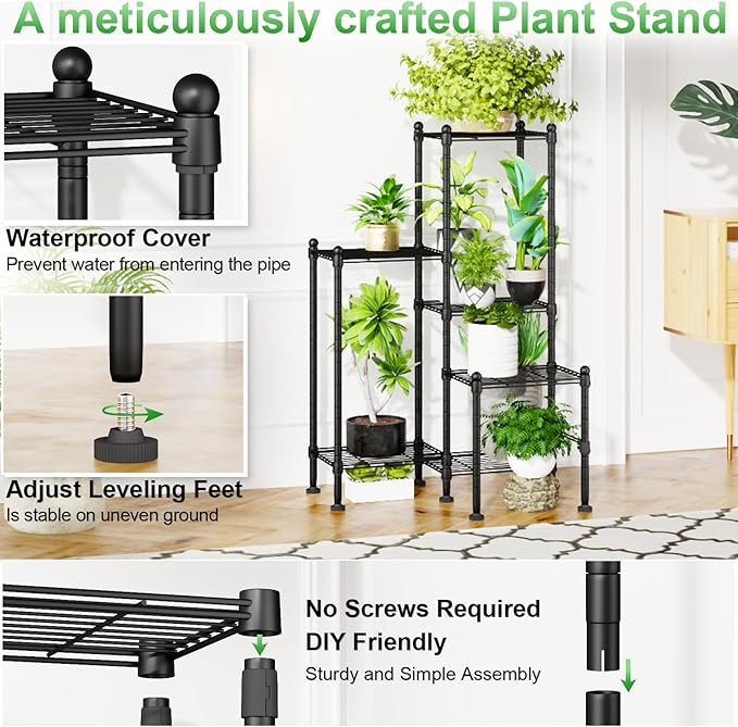 Plant Stand Indoor Outdoor, Heavy Duty Metal Waterproof 6 Tiered Plant Shelf for Multiple Flower Planter Holder Rack, Black - C6