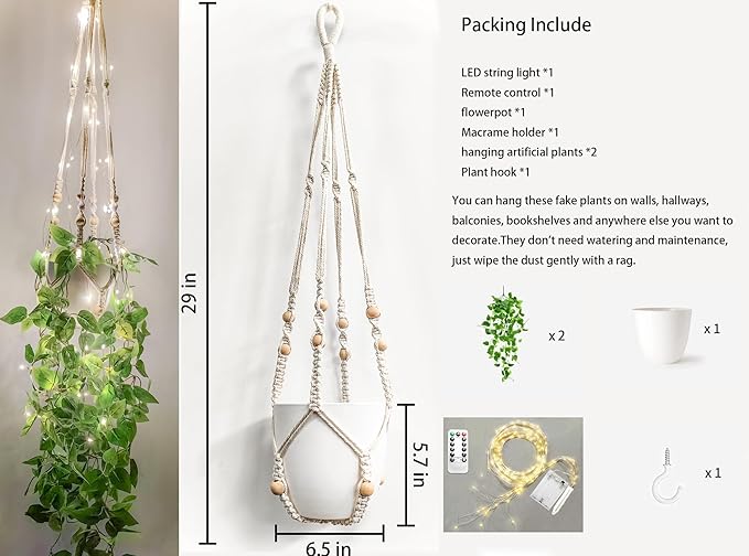 Comtelek Fake Hanging Plants with Lights Artificial Plants for Home Decor Macrame Plant Hanger with Fake Vines Faux Hanging Planter for Wall Ceiling Bedroom Bathroom Kitchen Office Boho Decor Indoor