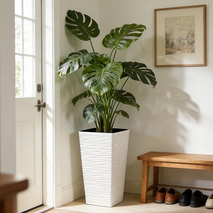 Worth Garden 22" Tall Planters Set of 2 - Plastic White Square Plant Pots with Drainage Hole - Modern Large Tapered Matte Wavy Tree Flower Pot for Indoor Outdoor Porch Deck