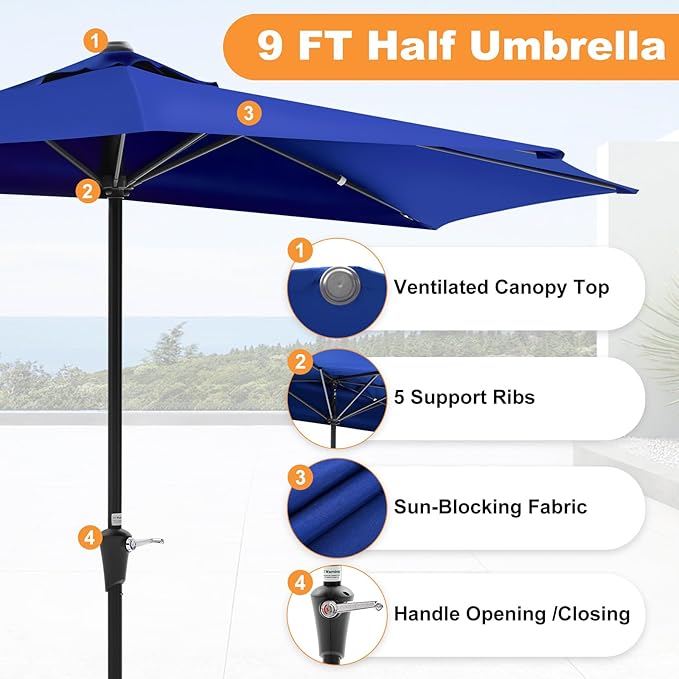 OLIXIS Half 9Ft Umbrella Outdoor Patio, Scalloped Patio Umbrella with Easy Crank, Sun Half Patio Umbrella for Balcony, Market, Garden, Blue