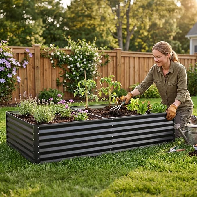 COMHOMA Galvanized Raised Garden Bed,Large Metal Planter Box for Outdoor Vegetables,Corrugated Steel Herbed Plants Container,Extra Deep Gardeners Kits with Open Bottom (1, 8x4x2FT)