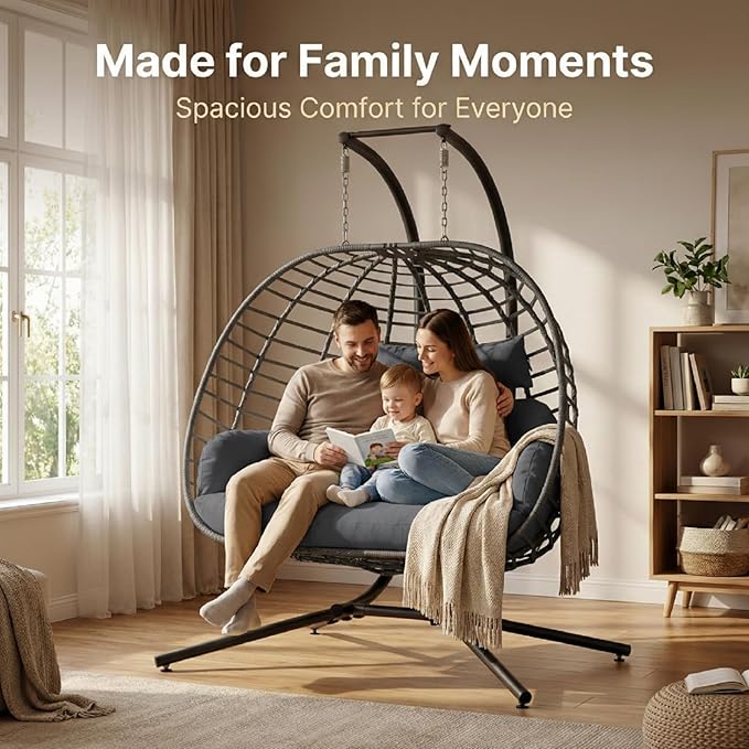 SWITTE Double Egg Swing Chair with Stand, Outdoor Patio 2 Person Hanging Wicker Hammock Chairs with Cushion for Indoor Bedroom, Lawn, Garden-Dark Grey