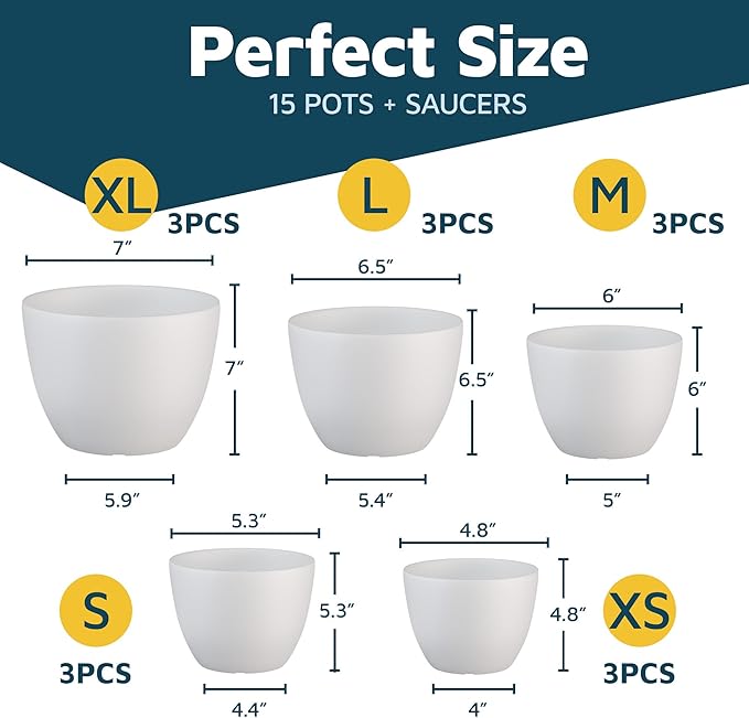 White Plant Pots with Drainage Holes & Saucers 15 Pack, Indoor & Outdoor Stackable Space-Saving Planters for Houseplants & Flowers, (7", 6.7", 6", 5.3", and 4.8" Inches), Durable & Weatherproof