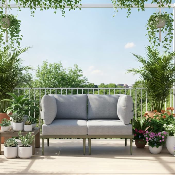 Sundale Outdoor 2 Pieces Metal Patio Furniture Set, Outdoor Sectional Sofa w/6 Inch Olefin Cushion, Modern Outdoor Conversation Sets for Porch, Balcony