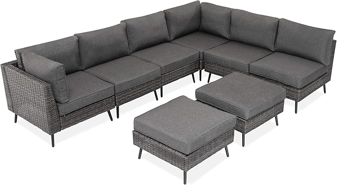 LAUSAINT HOME 8 Piece Outdoor Sectional Sofa PE Rattan Patio Conversation Sets, All Weather Patio Furniture Set with Thick Cushions for Garden, Poolside, Backyard (Grey)