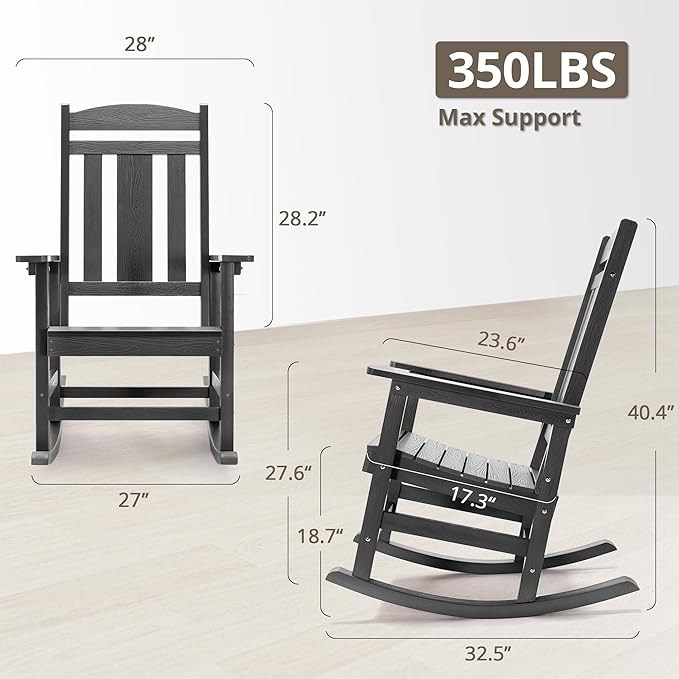 LUE BONA Outdoor Rocking Chairs Set, 3-Piece, HDPS Poly Porch Rockers with Table, Plastic Weather Resistant Rocking Chair Set for Outdoor Indoor, Garden, Backyard, 350lb, Gray Chairs+Table