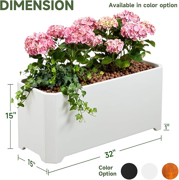 Steel Planter Box-32"x15"x15"-Rectangular Planters for Outdoor Plants, White Matel Planter Box Raised Support Feet for Patio, Deck, Garden, Yard, Drain Holes, Easy Assembly