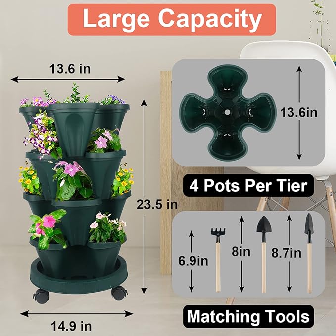 DUNCHATY Stackable Planter, Vertical Garden Planter with Wheels and Tools, Self Watering Strawberry Planter Indoor/Outdoor 4 Tier Herb Planter Pots for Growing Vegetables and Succulents,Pine Green