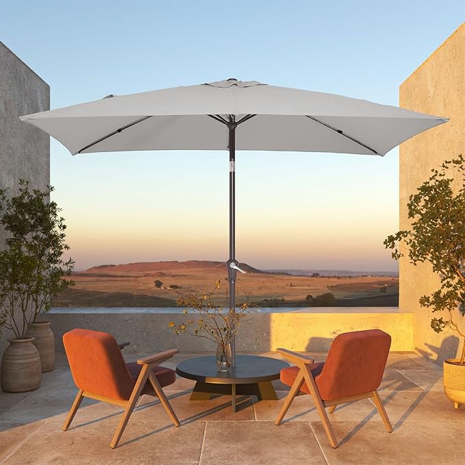 JEAREY 6.5x10 ft Rectangular Patio Umbrellas Rectangle Outdoor Umbrella with Push Button Tilt and Crank, Market Table Umbrella 6 Sturdy Ribs UV Protection for Poolside Garden Backyard Deck, Foggy Gray