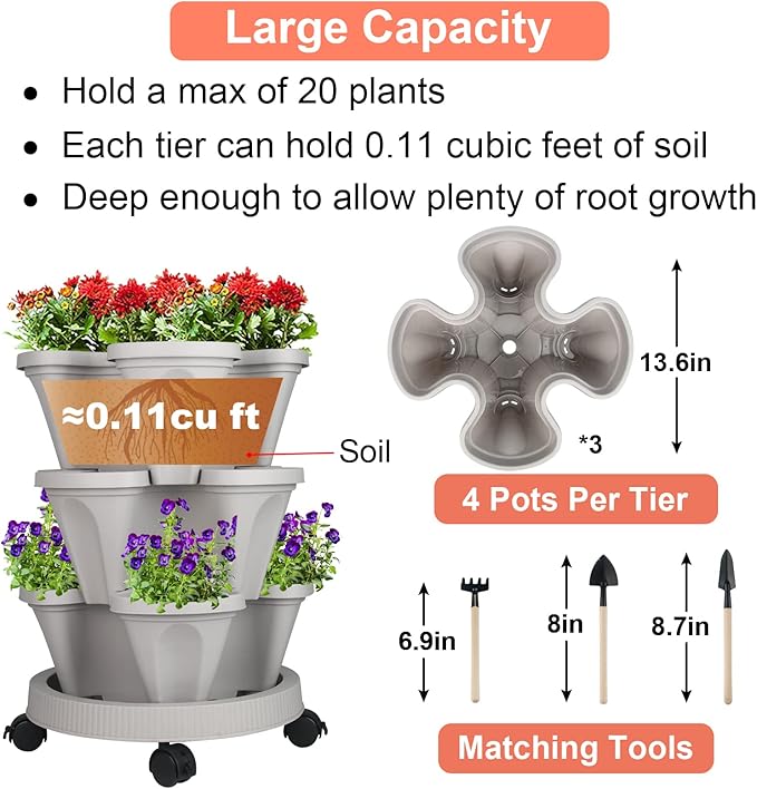 GameXcel Vertical Planter 3 Tier Stackable Planters Garden Planters Strawberry Herb Flower and Vegetable Planter Indoor Outdoor Gardening Pots with Removable Wheels and Tools 2-Pack