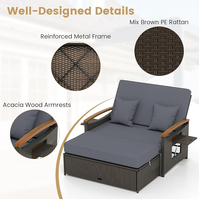 Tangkula Patio Rattan Daybed with 4-Level Adjustable Backrest, Outdoor Wicker Loveseat with Acacia Wood Armrest, Storage Ottoman & Folding Tray, Double Sunbed for Lawn Yard & Poolside, Grey & Brown