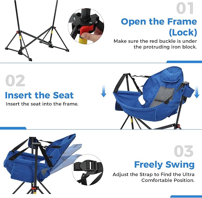 Ainfox Hammock Camping Chair, Foldable Portable Rocking Chairs for Adults Outside Swinging Camp with Cup Holder Pillow for Outdoor Patio Poolside (Blue)