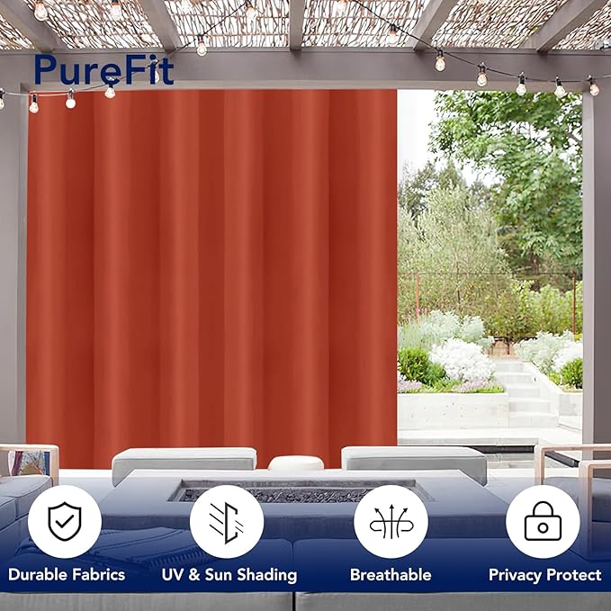 PureFit Outdoor Curtains for Patio Waterproof Weatherproof, UV Resistant Outside Curtains for Gazebo, Front Porch, Pergola, Sun Blocking Privacy Curtain, 100W x 108L inch, 1 Panel, Red Clay