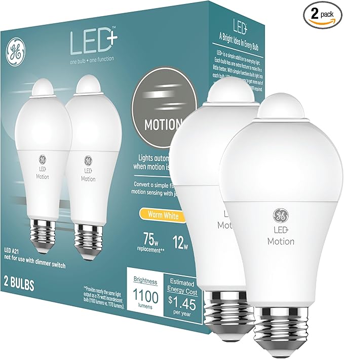 GE LED+ Motion Sensor LED Light Bulbs, 12W, Outdoor Security Lights, A21, Warm White (2 Pack)