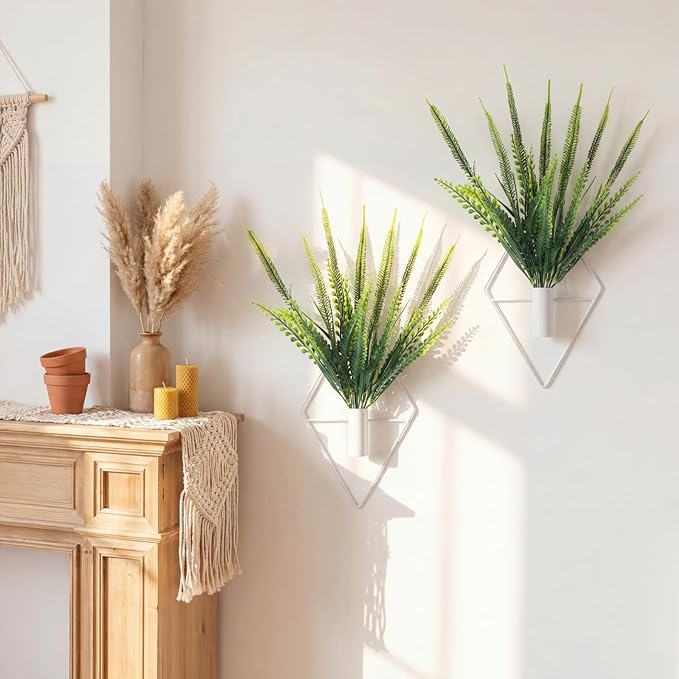 2 Pieces Wall Decor Hanging Planters with Artificial Plants Metal Hanging Vase Indoor Plants Holder Modern Boho Wall Art for Bathroom Bedroom Living Room Decor(White,Boston Fern)