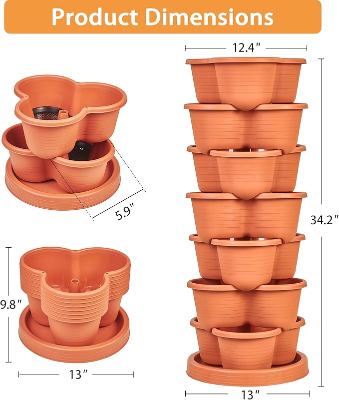 VECELO 7 Tier Vertical Garden Planter, Self Watering Stackable Planters with Wheels for Strawberries, Herbs, Flowers, Vegetables, Red