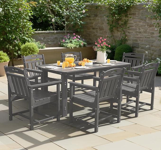 Ciokea HDPE Outdoor Dining Table with Umbrella Hole,66" Rectangle Patio Table for 6,All-Weather Outdoor Patio Furniture Set for Garden Backyard,Grey
