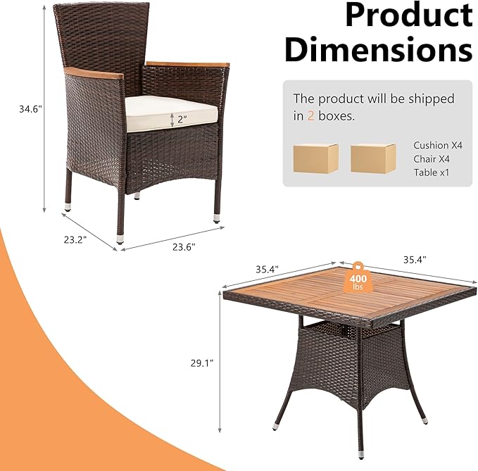 RoyalCraft 5 Piece Patio Wicker Dining Sets for 4, Water-Resistant Rattan Outdoor Dining Table and 4 Chairs with Wood Table Top, Conversation Set for Deck, Garden, Backyard, Removable Cushions, Brown