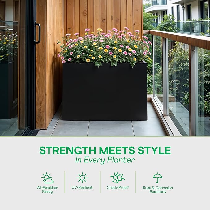 IDZO 35.4" W x 25.6" H Metal Planter Box, Privacy Trough for Patio, Rectangle Container for Outdoor Plants, Tall Large Rectangular Steel Bed for Outdoor Greens with Drainage Holes & Adjustable Feet