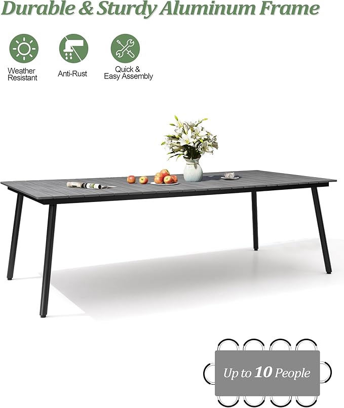 95" Patio Outdoor Dining Table for 8-10, Weather-Resistant Aluminum Frame with Wood-Grain Top & Umbrella Hole for Deck Gatherings, Grey