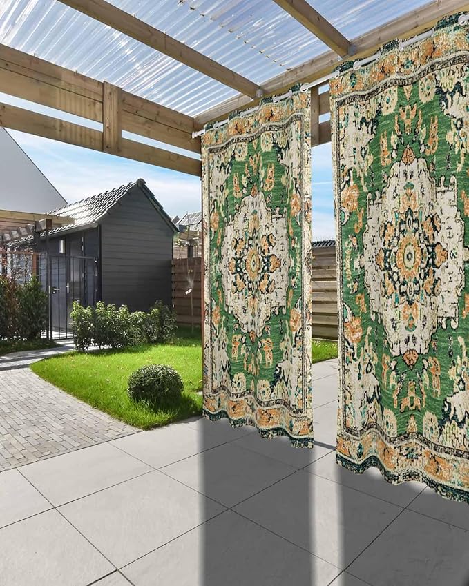 Ombre Green Boho Outdoor Curtains for Patio Waterproof, Grommet Privacy Curtain Drapes Weatherproof Outside Curtains for Porch GazeboPergola Cabana 1 Panel 54x95inch Vintage Ethnic Tribal Geometric
