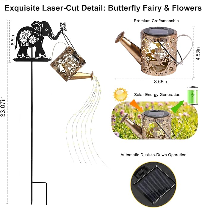 Solar Watering Can Lights Outdoor Decor with Elephant Stake & Fairy Silhouettes, Cascading String Lights for Garden, Patio, Yard - Waterproof Solar Powered Gift for Mom, Housewarming, Birthday
