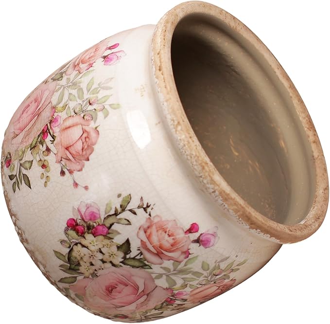 Ceramic Planter for Indoor Plants, 6.29 Inch Rose Pattern Crackle Glaze Flower Pot with Drainage Hole, Orchid Succulent Pots, European Farmhouse Bedroom Balcony Decor Gift, Pink