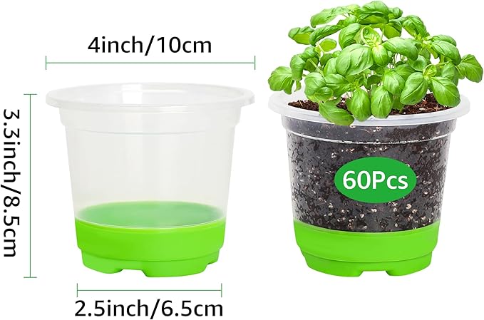 MIXC Thickened Clear Nursery Pots with Silicone Base for Easy Transplant 60 Packs 4 Inch, Transparent Plant Pot Reusable Seedling Pots for Vegetable Propagation, Root Cutting, Seed Starting, Green