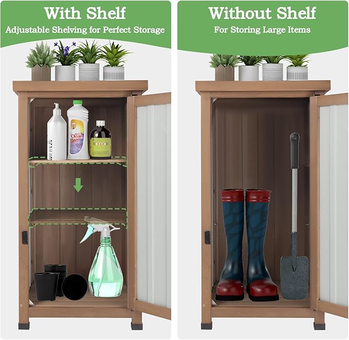 Small Outdoor Storage Cabinet Waterproof with Metal Top, Wood & Metal Outside Potting Bench Table Tool Organizer with Adjustable Shelf for Patio Backyard Garden