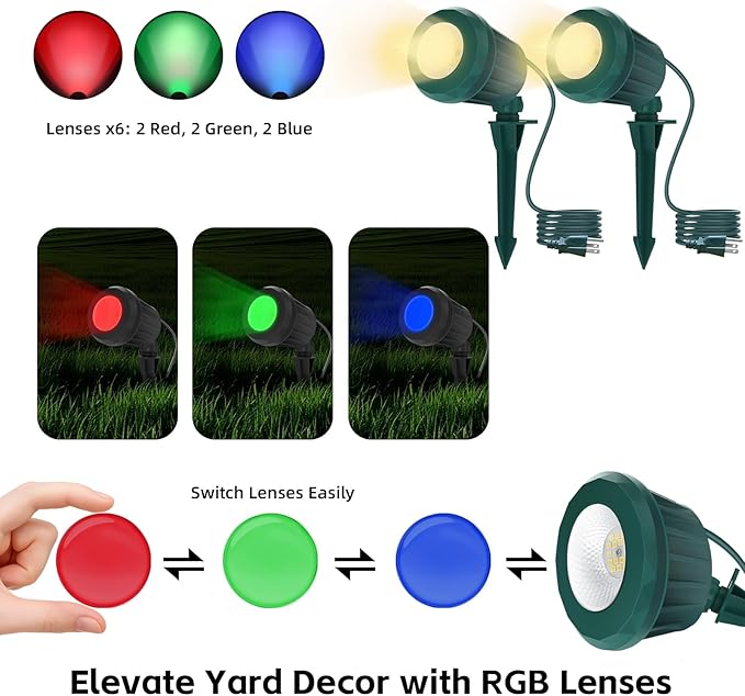 Spotlight Outdoor – 120V Plug-in, 2700K Warm White LED Landscape Spot Lights with RGB 3 Lenses for Yard, Garden, Lawn&Tree Decor, IP67 Waterproof, Perfect for Holidays&Everyday (2 Pack, Green)