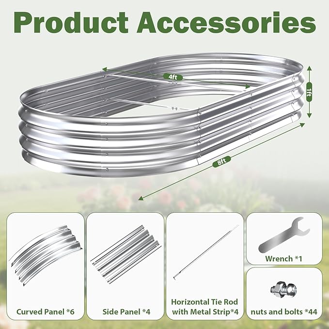 Galvanized Raised Garden Bed Outdoor, 8x4x1ft Metal Heavy Duty Planter Boxes for Gardening, Easy Assemble Large Oval Plant Container Kit for Vegetables, Flowers, Fruits, Silver, 1 Pack