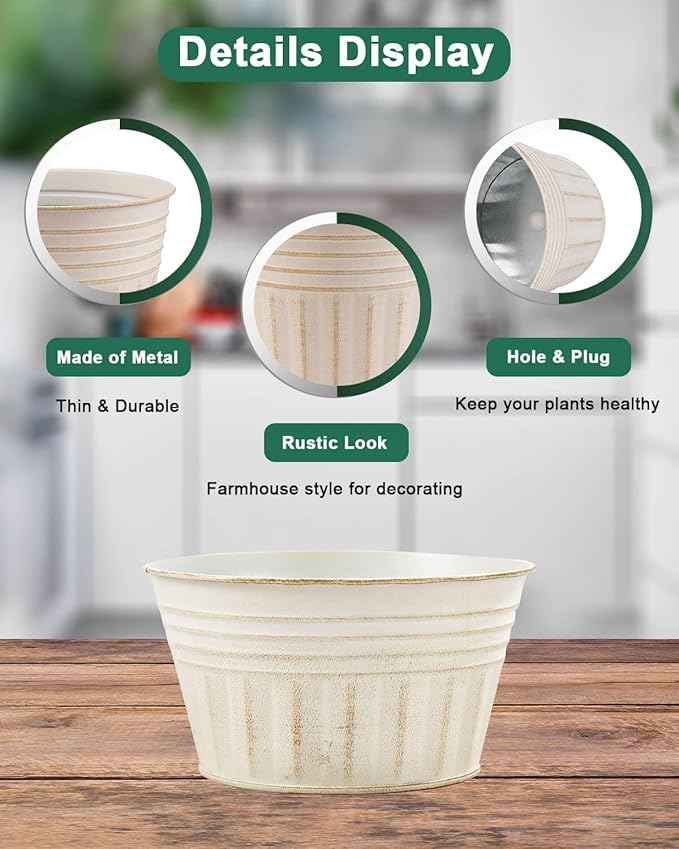 vensovo 10 Inches Beige Metal Rustic Plant Pots - 4 Pcs Large Shallow Galvanized Planters with Drain Hole and Rubber Plug, Rustproof Tin Bucket Succulent Pot Indoor Farmhouse Vintage Style for Decor