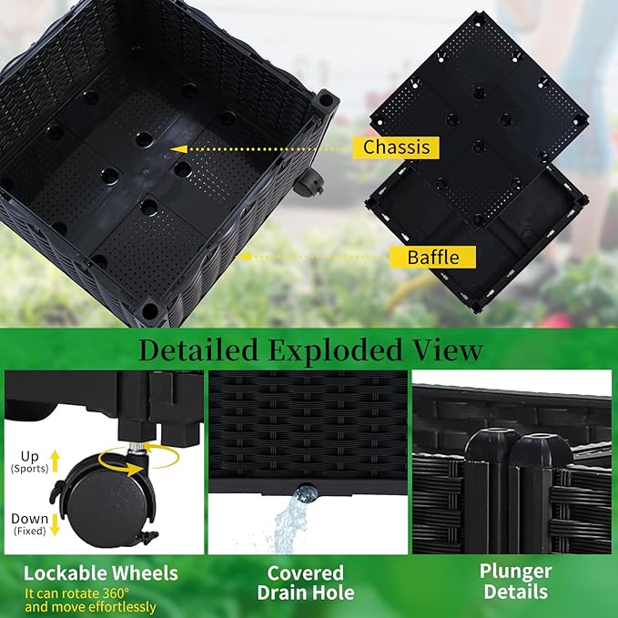 Planter Box with Trellis Outdoor, 57in Plastic Raised Garden Bed with Trellis Hanging Roof for Vine Flower, with Lockable Wheels & Drain Plug for Patio Backyard Balcony, Black, 1 Pc