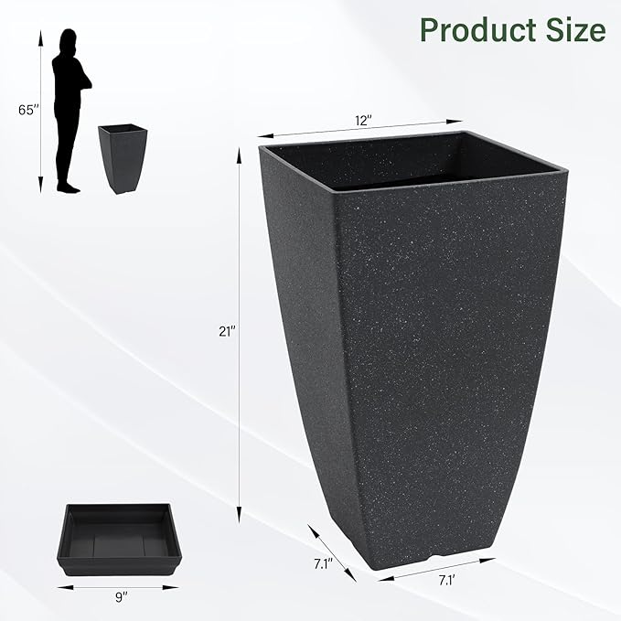 Set of 2 Tall Planter, 21 inch Large Plastic Planter with Drain Hole & Saucers, Large Outdoor Planters for Porch, Garden, Patio, Balcony(Cement Gray)