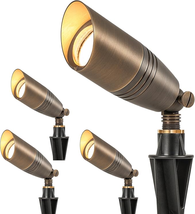 LUTEC Solid Brass Low Voltage Landscape Lighting, 12V Heavy Duty Waterproof Landscape Spotlights Bronze, Wired Uplights Outdoor Fixtureswith ABS Spike, Garden Yard Pathway Tree Without Bulb, 4 Pack