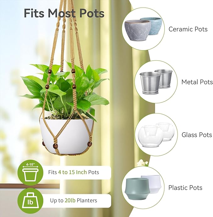 USLAI Macrame Plant Hanger Indoor Outdoor, Fits 4 to 15 Inch Pots, Strong Hanging Planter Holder, Boho Home Decor, 35 Inch, Brown, Set of 2 (POTS NOT Included)